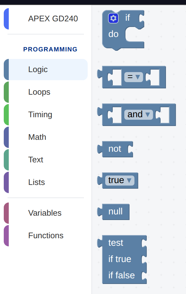 The Logic category open, showing the if block with a gear icon, a comparison block, and, not, true, null, and the test block