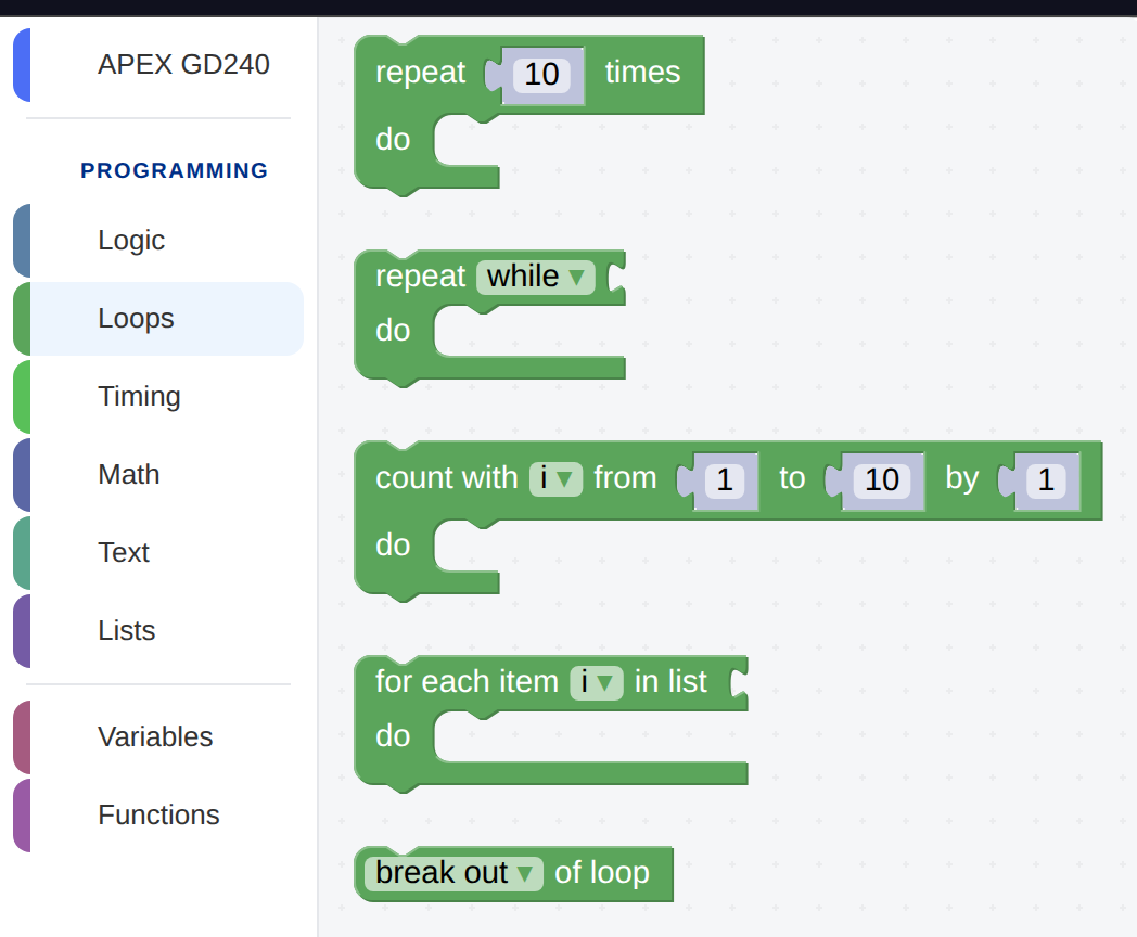 The Loops category open, showing repeat 10 times, repeat while, count with i from 1 to 10 by 1, for each item in list, and break out of loop