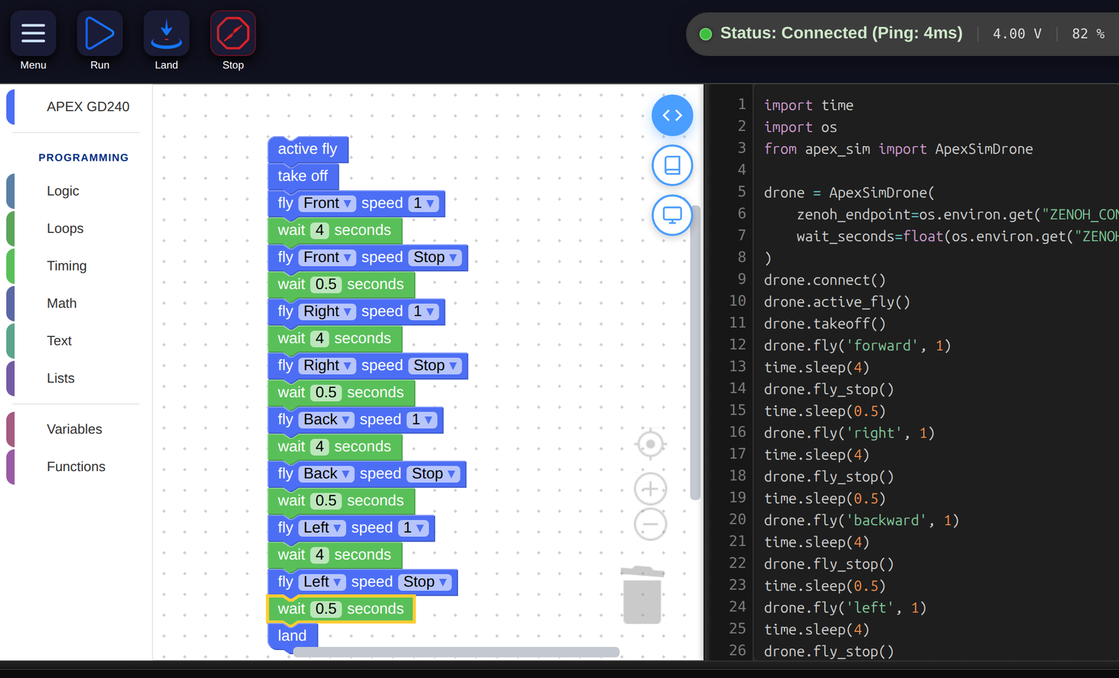 The blocks editor with the code panel open: a block program on the left, the Python it generates on the right