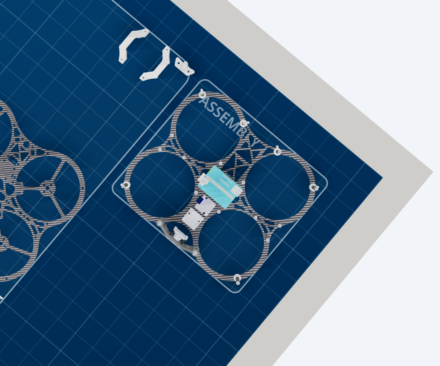 The bottom plate with the flight controller and the cyan companion-computer board now stacked in the centre