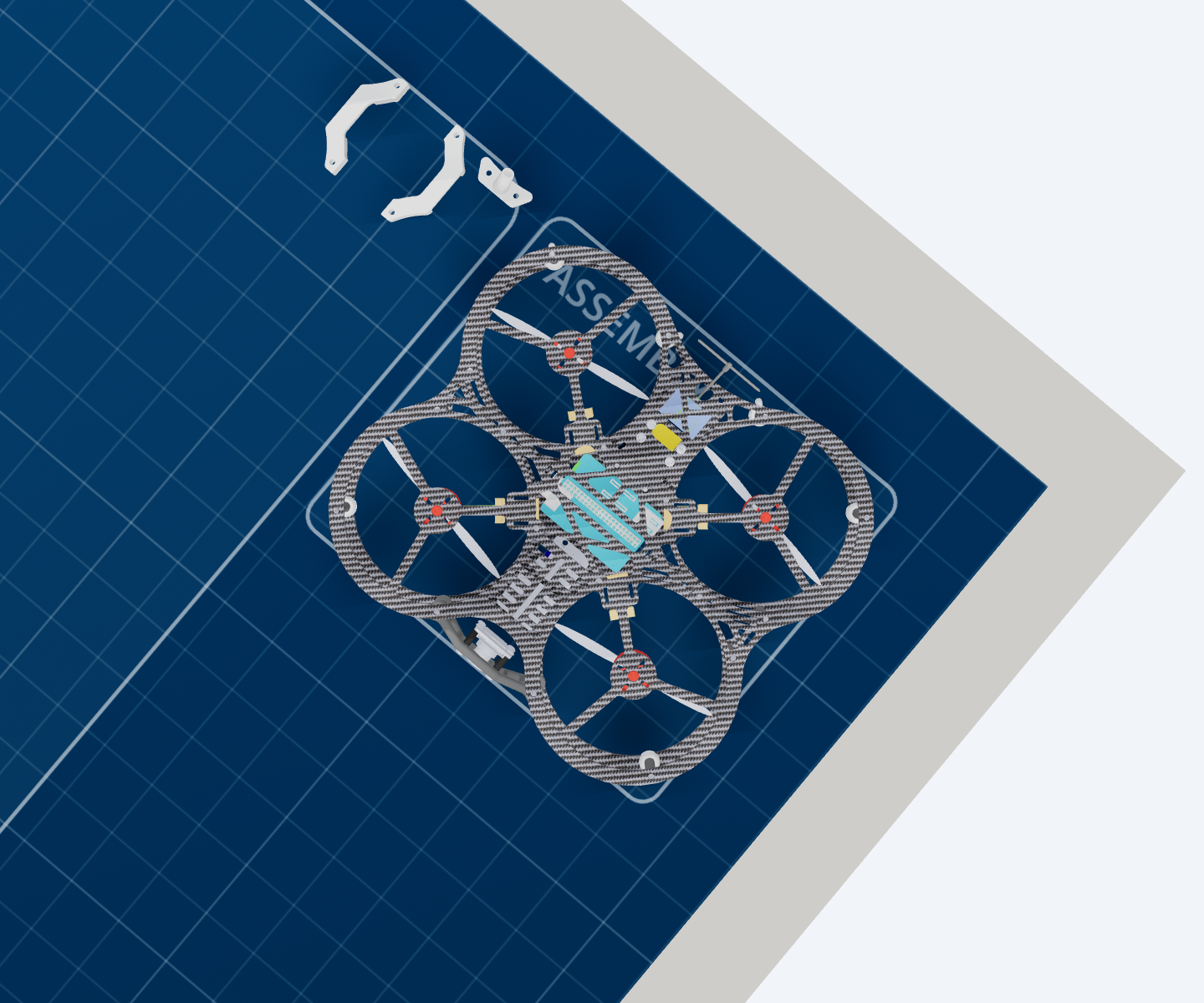 The airframe with propellers fitted inside each of the four carbon ducts