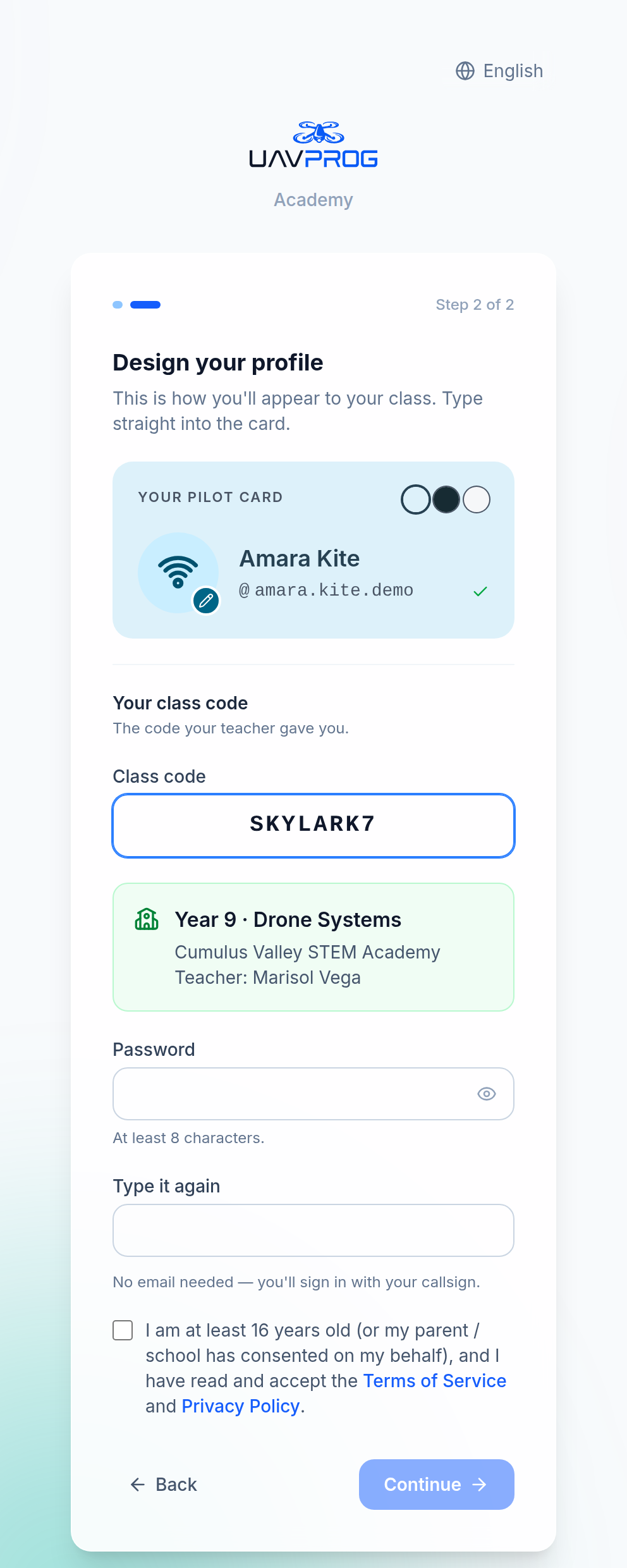 A class code typed in, showing the class name, the school and the teacher underneath