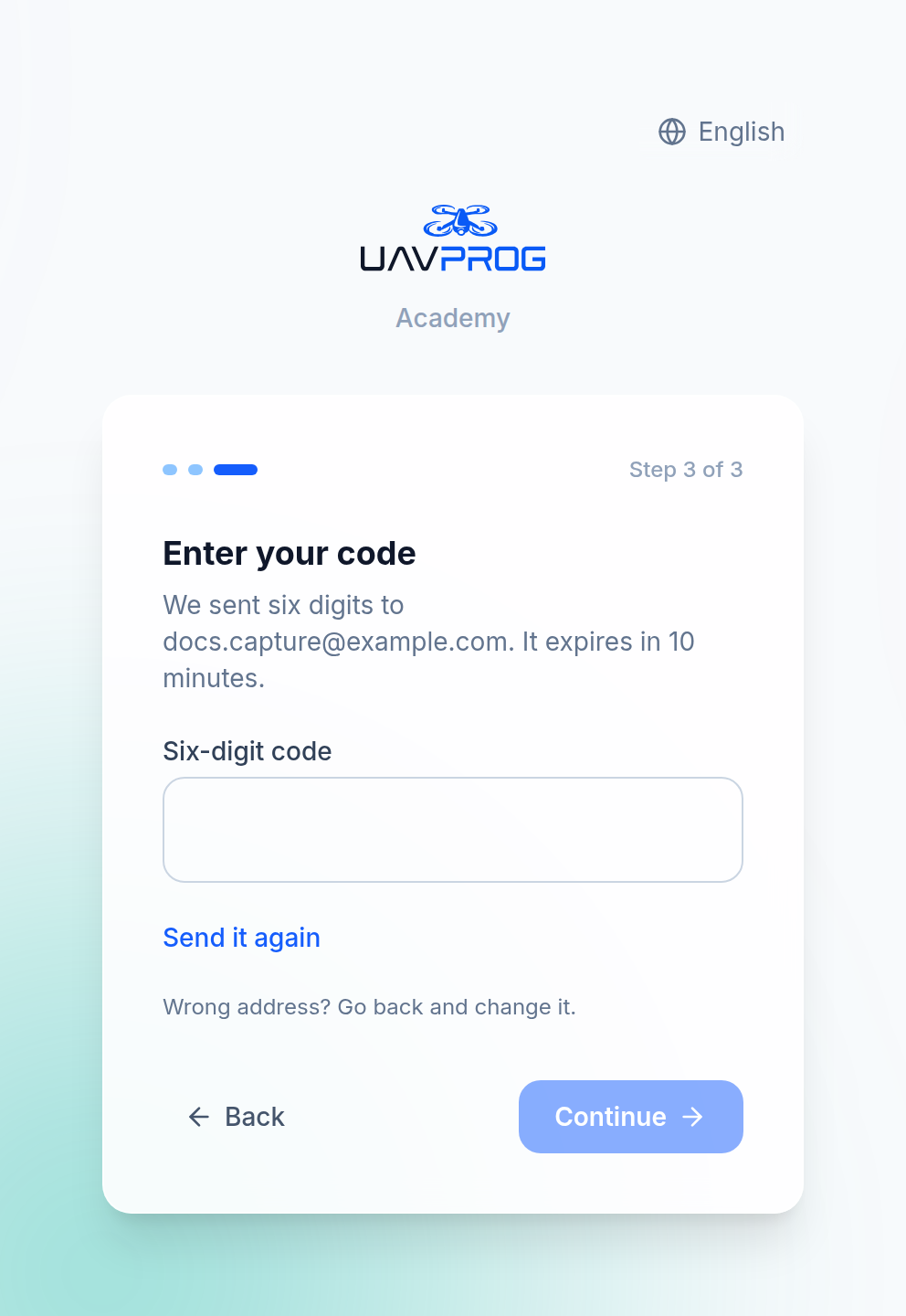 The six-digit code screen showing the address the code went to and a resend link