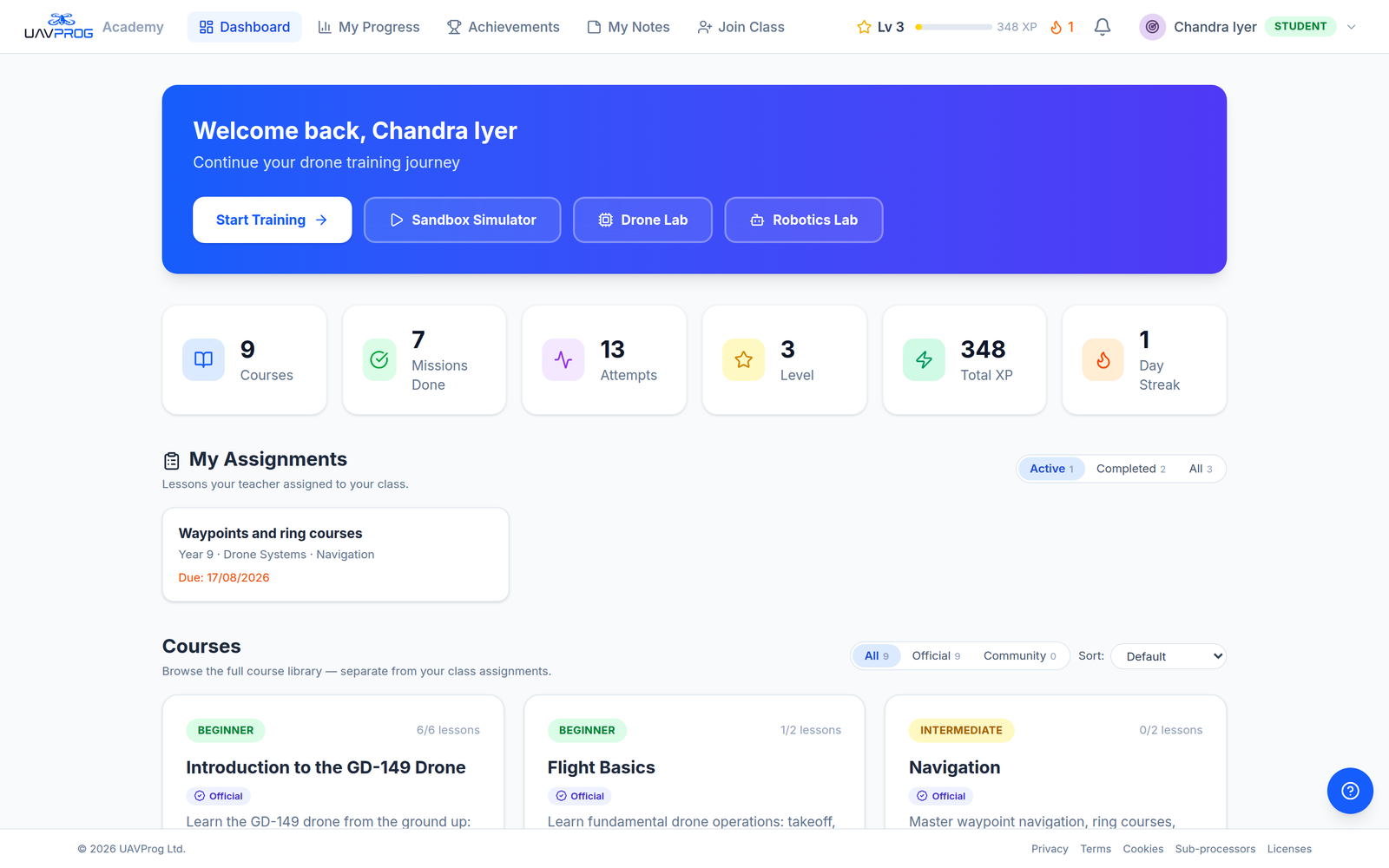 A student dashboard, with the control that launches a session