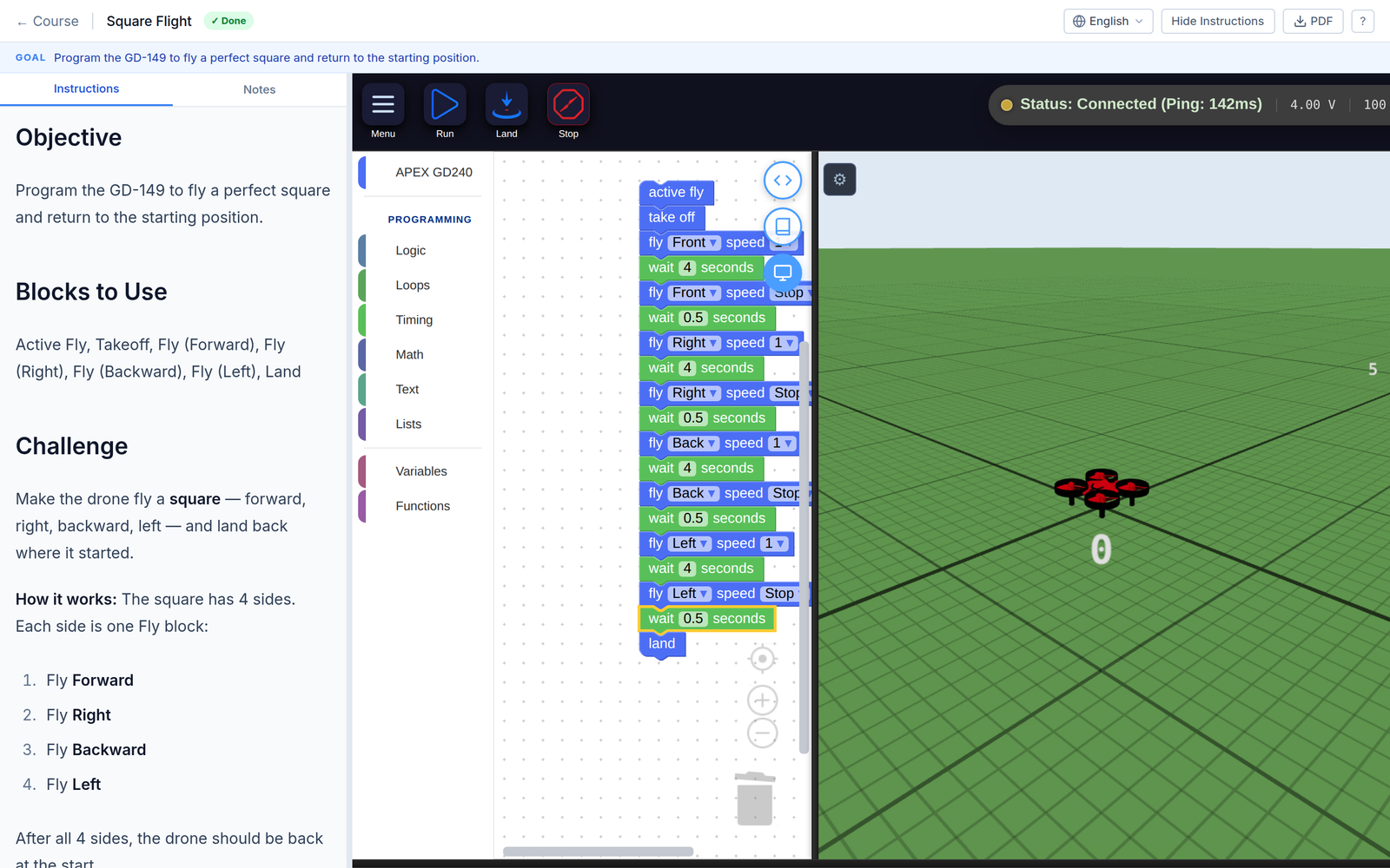 A lesson open: the written brief on the left, the block editor in the middle, and the 3D simulator with a drone in flight on the right